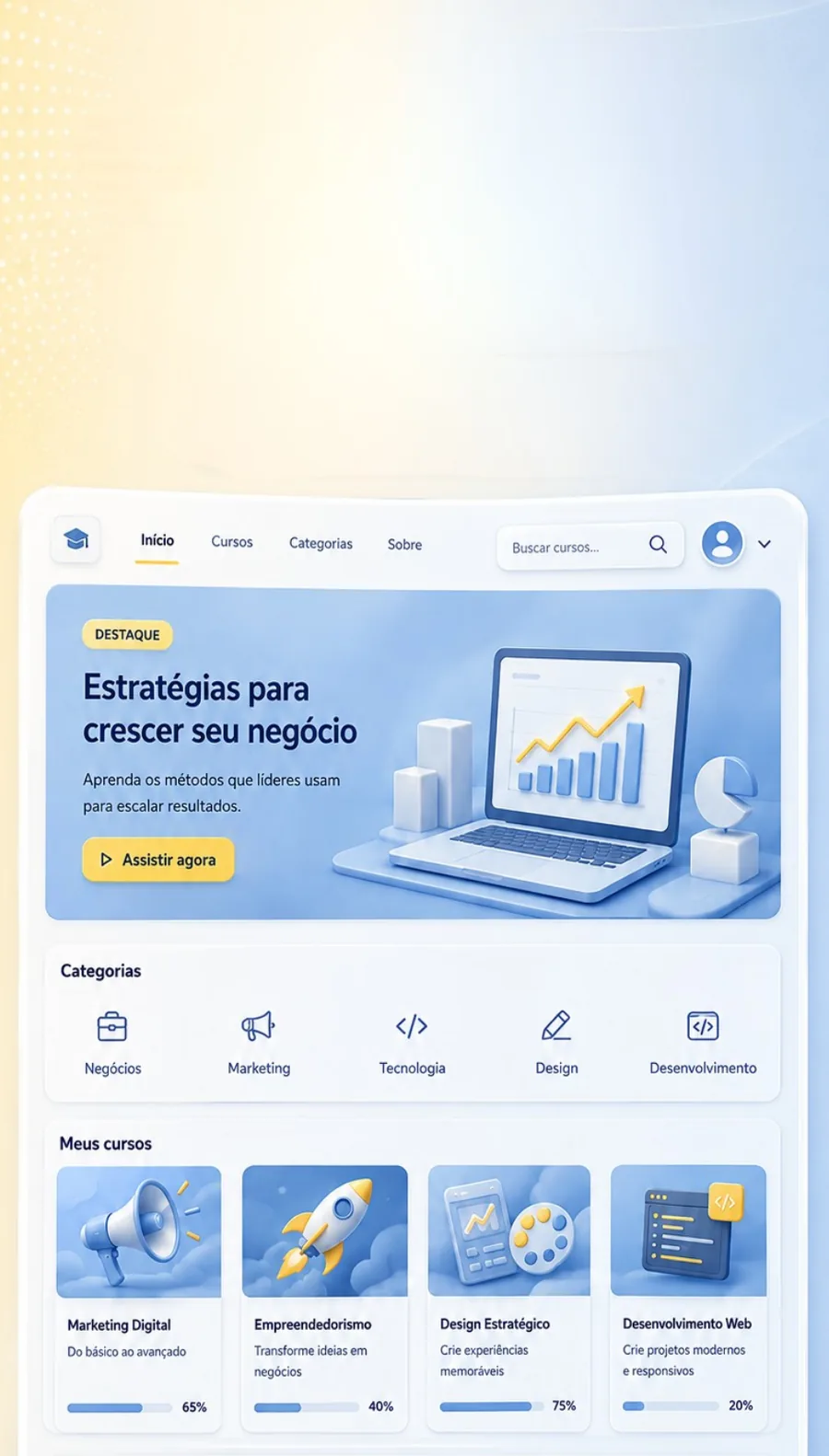 Uma vitrine de cursos com categorias, destaque e barras de progresso por aluno.