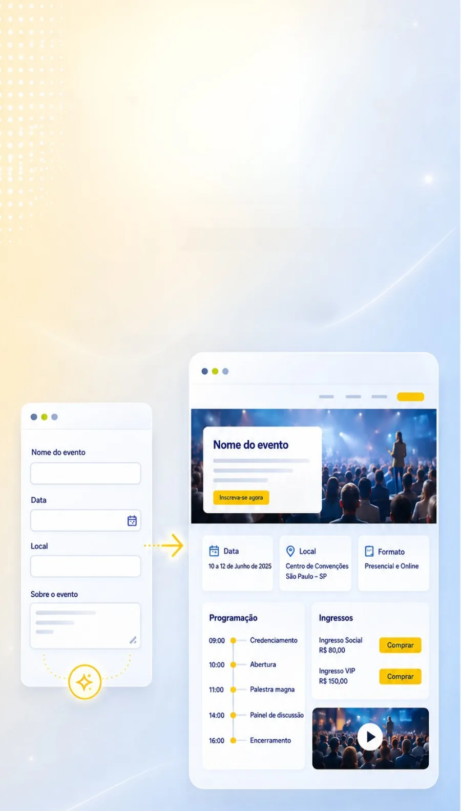 Um formulário curto de dados do evento virando uma página publicada, com agenda, ingressos e vídeo.
