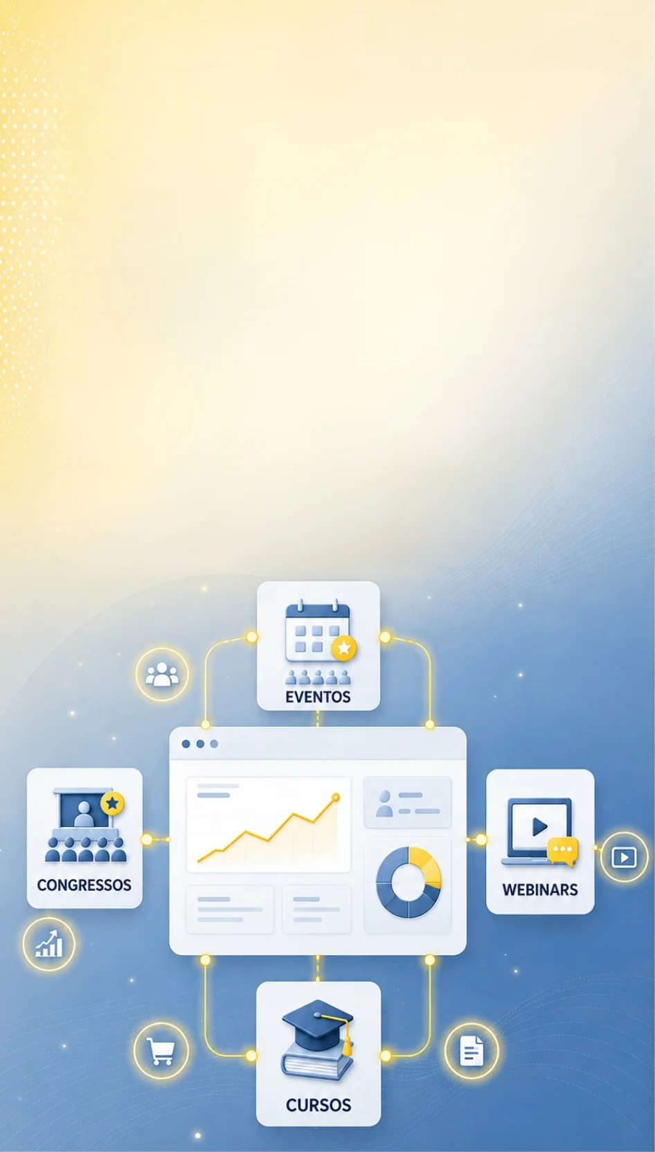 Congressos, eventos, cursos e webinars ligados a um painel único da plataforma.