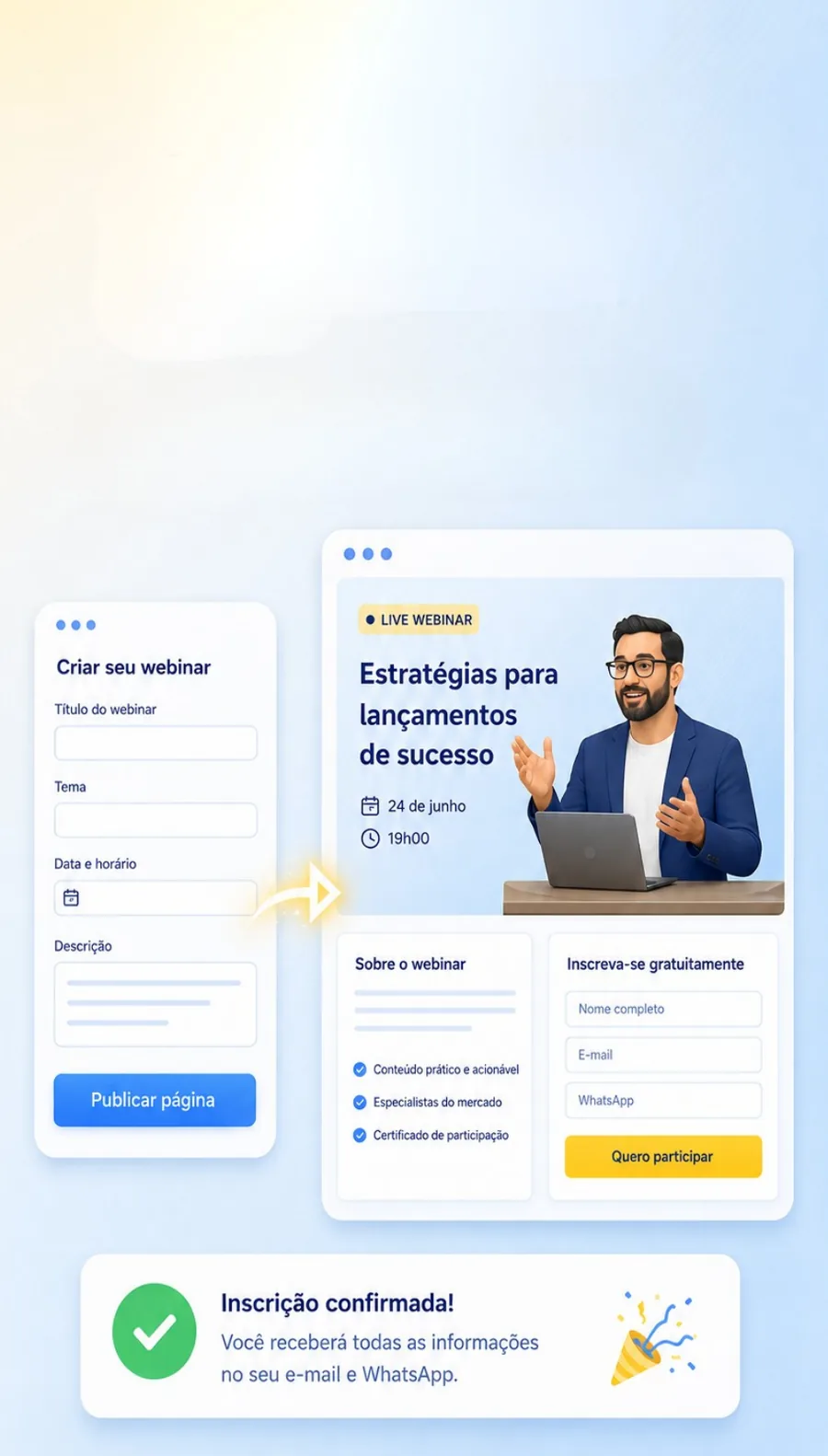Um formulário curto de dados do webinar virando uma página de inscrição publicada.