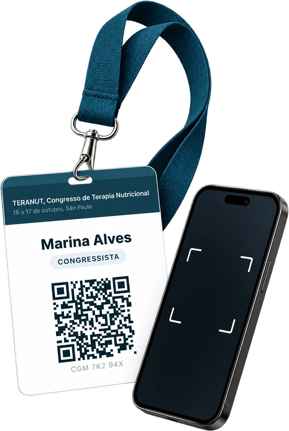 Crachá de participante com QR Code de credenciamento e um celular lendo o código na entrada.
