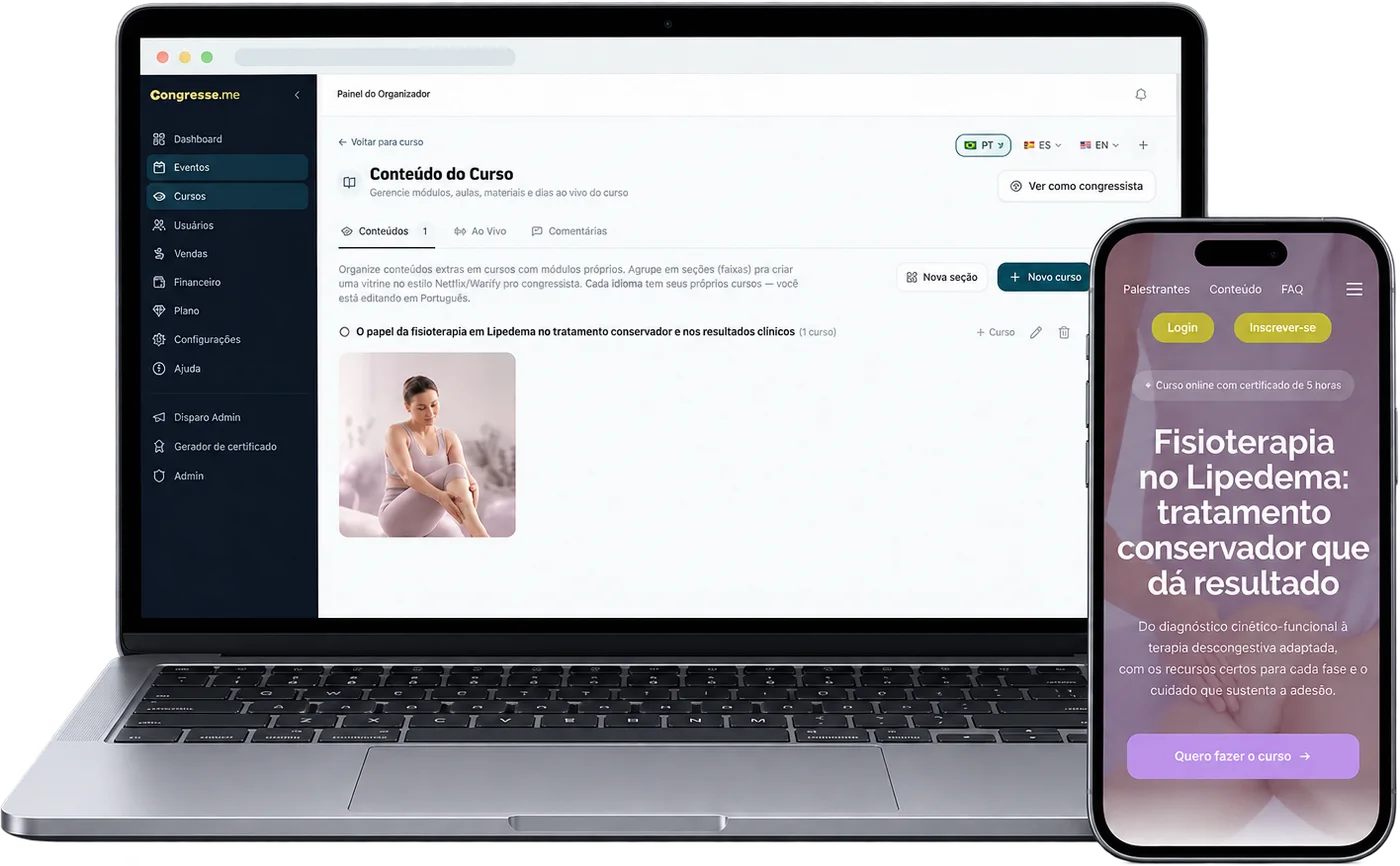Notebook com o gerenciador de conteúdo do curso e, ao lado, um celular com a página de vendas do mesmo curso.