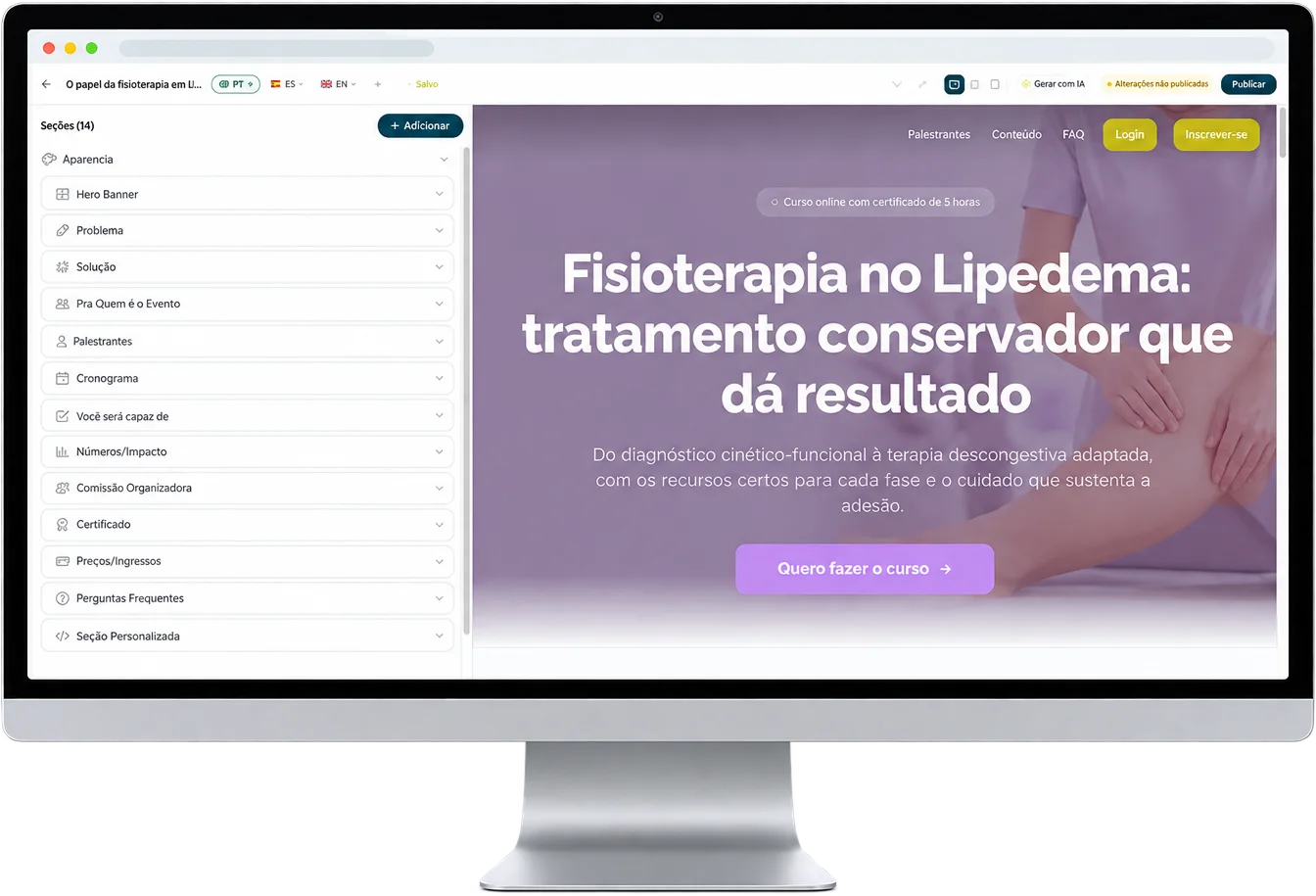 Um arquivo de vídeo ligado por linhas à página de vendas, à área de membros, ao checkout e ao certificado.