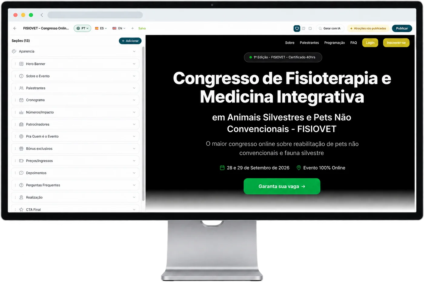 Editor de página da Congresse.me aberto num monitor, com as seções à esquerda e a página do congresso à direita.