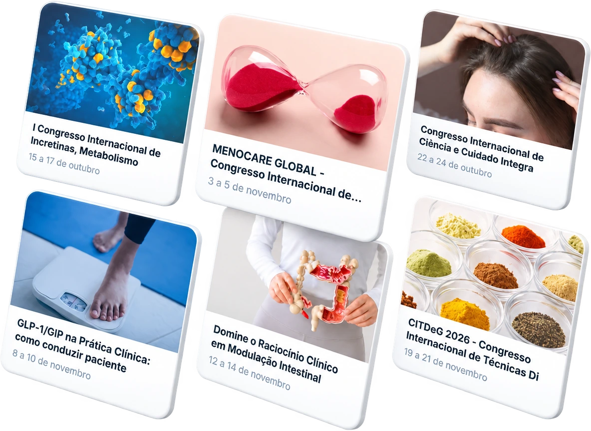 Seis capas de congressos e cursos reais lado a lado, como aparecem na vitrine da organização.