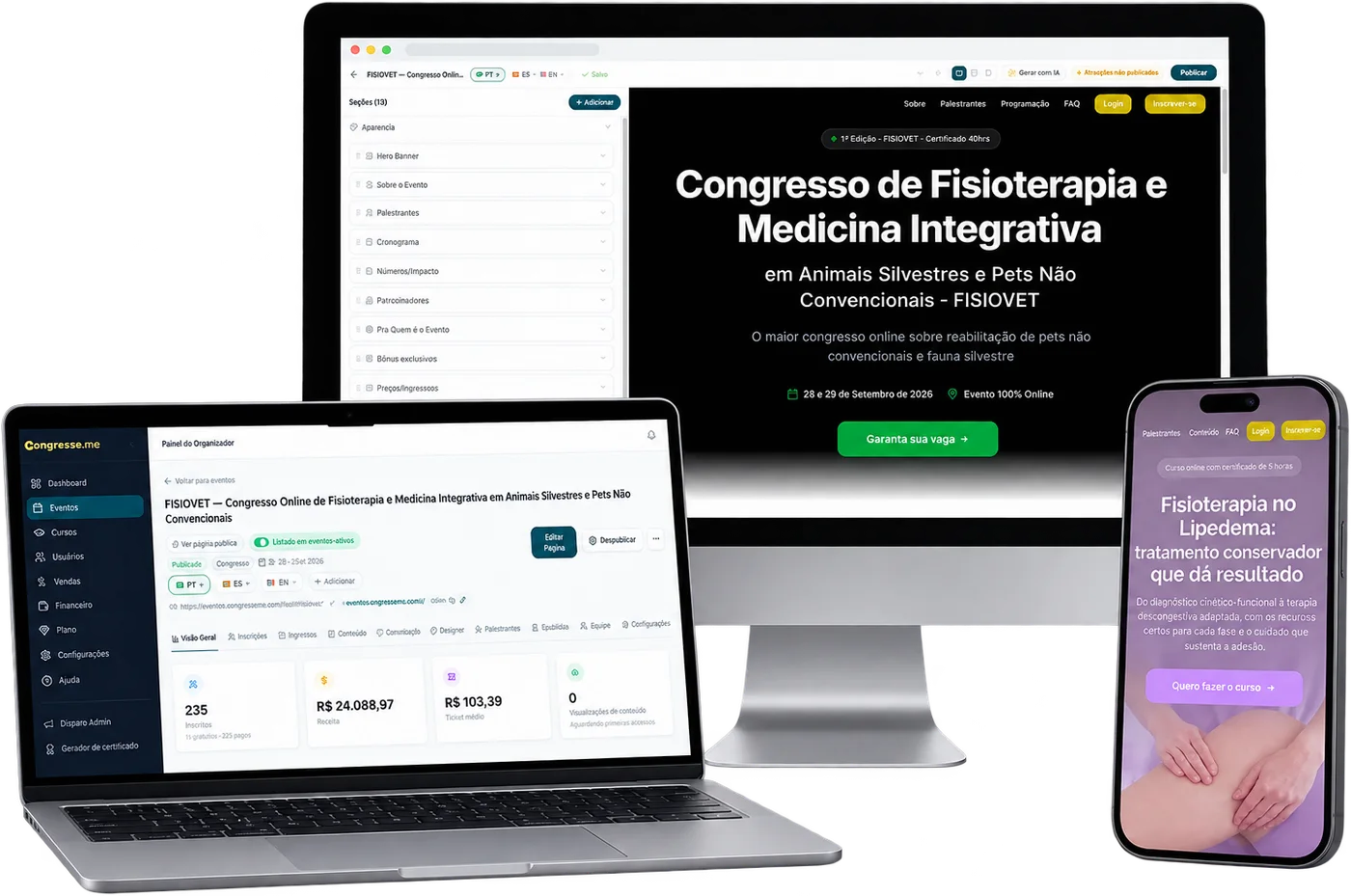 Monitor com o editor de um congresso, notebook com o painel do evento e celular com a página de um curso, lado a lado.
